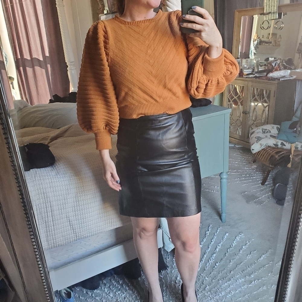 Mustard Colored Balloon Sleeved Tie Neck Sweater